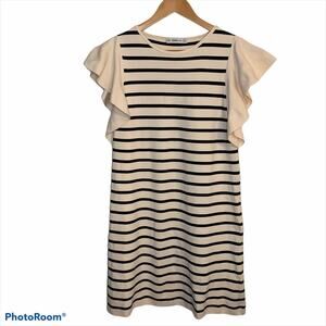 ZARA KNIT Statement Sleeve Dress Cream S Striped